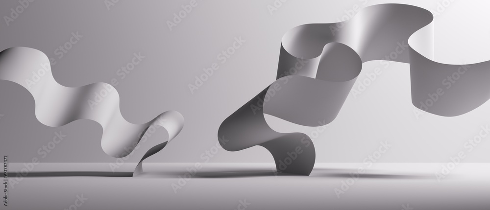 Poster 3d render. abstract minimalist background of folded paper scroll. curvy blank ribbon. modern wallpap