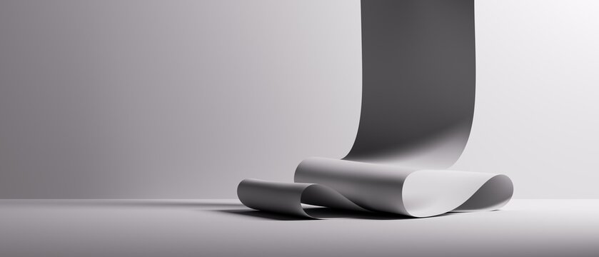 3d rendering. Abstract fashion background of folded paper scroll. Curvy blank ribbon. Modern white minimalist wallpaper. Light and shadow