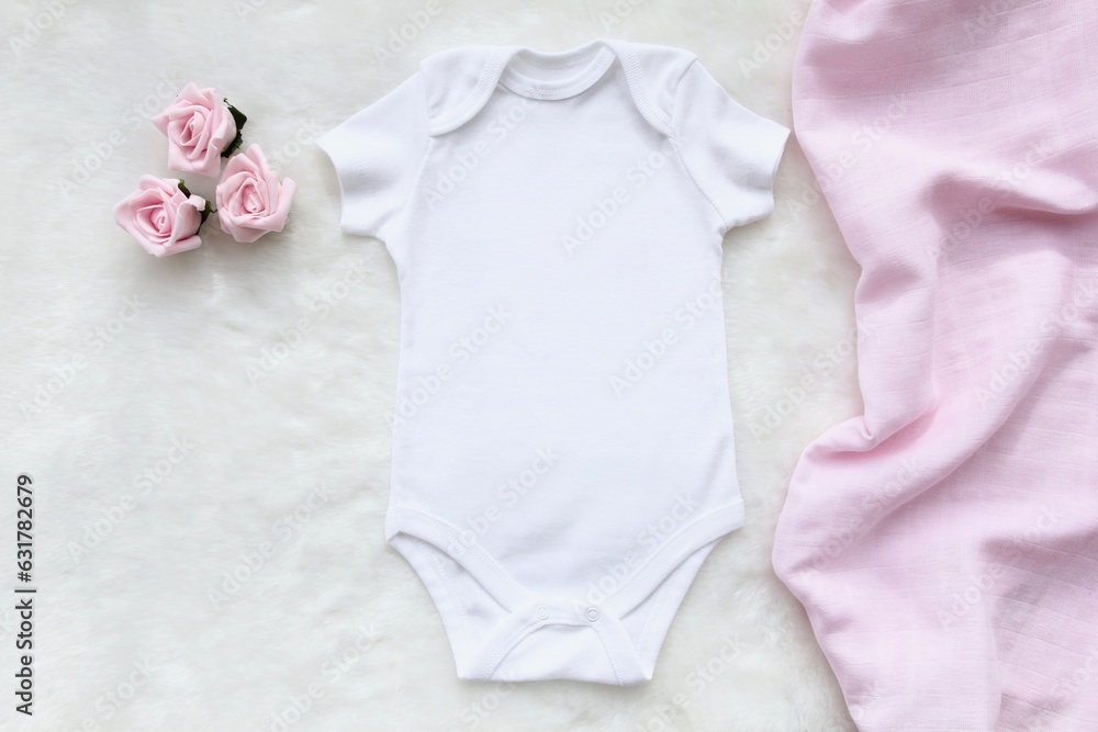 Wall mural Layout Flat Lay white baby shirt bodysuit, on a pink accessory , for girls. Mock up for design and placement of logos, advertisements - Wall murals