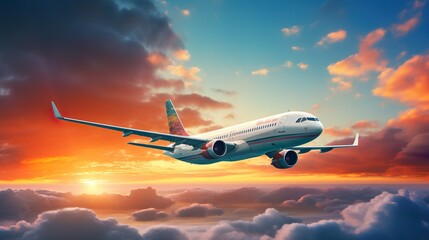 Fototapeta na wymiar Passenger commercial airplane flying above clouds during sunset