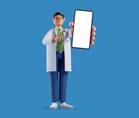 3d rendering, full height doctor cartoon character wears white coat and glasses, shows smart phone with blank screen. Online consultation. Health care application concept