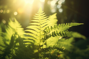 Ferns in the forest close up. Natural green forest fern background. 