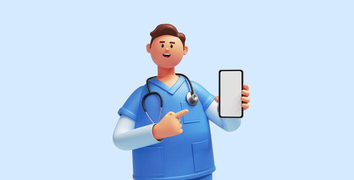 3d render, caucasian young man, nurse cartoon character wears blue shirt, looks at camera, shows smart phone with blank screen. Hospital support. Health care online consultation. Medical clip art