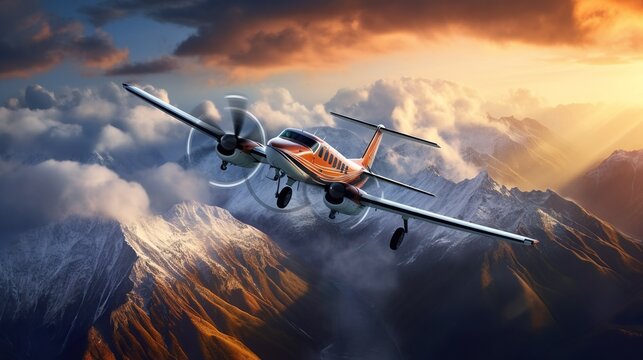 Single turboprop aircraft.. Small private plane flying in blue clouds.