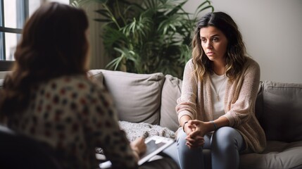 Stressful lady listening to therapist during session