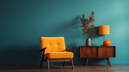 Stylish retro living room, 70s style, minimalism, armchair, lamp and small table. Generative AI.   - obrazy, fototapety, plakaty