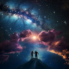 Fototapeta na wymiar Couple Holding Hands In Front of The Galaxy and Nebulae, Made With Generative AI