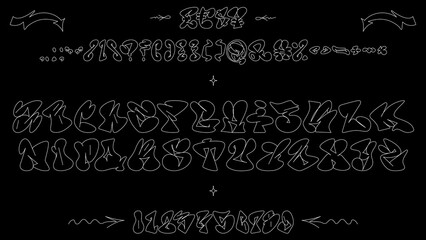 Graffiti Y2K alphabet. Trendy line typeface design. The stroke thickness can be adjusted. The set includes 26 letters, 10 numbers, 27 punctuation marks, 4 currency symbols, 7 stickers.