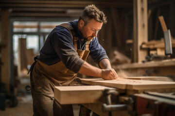 An unrecognizable man worker in the carpentry workshop, working with wood