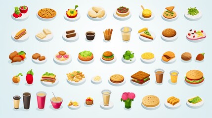 100 food icons set, cartoon style, hamburger fast food and fruits