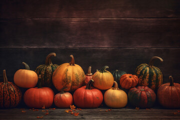 gourd wood pumpkin leaf wooden halloween fall autumn orange background season. Generative AI.