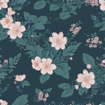 Floral Seamless Repeated Pattern Design botanical illustration, colorful background, textile design
