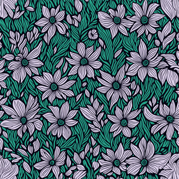 Floral Seamless Repeated Pattern Design botanical illustration, colorful background, textile design