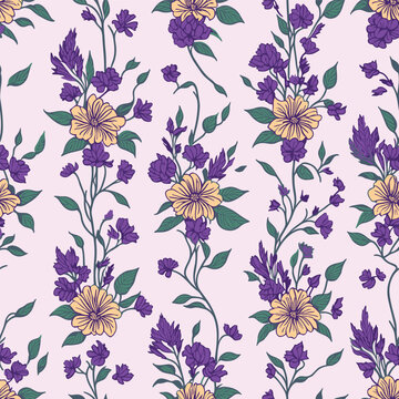 Floral Seamless Repeated Pattern Design botanical illustration, colorful background, textile design