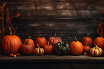 season fall wooden halloween pumpkin orange autumn garden background wood leaf. Generative AI.
