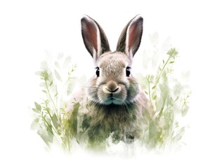 Portrait illustration of a bunny surrounded by lightly pastel colored plants on white background.