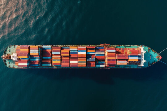 aerial view of a huge container ship at sea