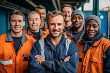 Commercial ship crew standing and together - obrazy, fototapety, plakaty