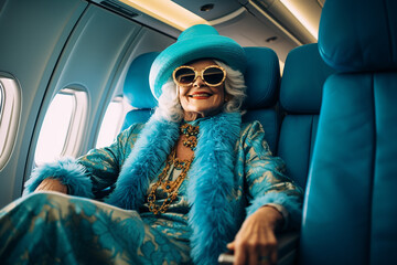 Fröhliche Seniorin genießt ihr Leben - in einem erste Klasse Flug - obrazy, fototapety, plakaty