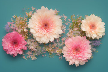 Flowers and Plants Decor. Big pink chrysanthemum flowers  and other decor flowers on green background. Generative-AI.