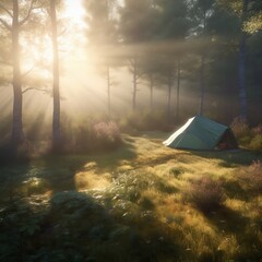 morning sun and a campsite in a forest