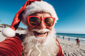 Obraz premium Generative AI illustration of Santa Claus taking a selfie on a beach on a sunny day
