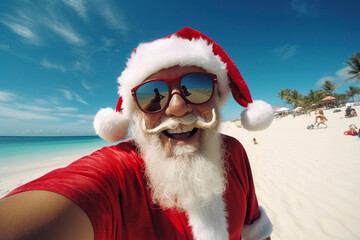 Generative AI illustration of Santa Claus taking a selfie on a beach on a sunny day