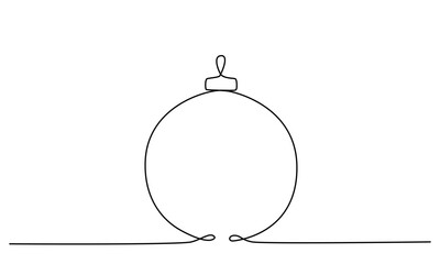 Christmas ball continues one single line hand drawing sketch. Vector stock illustration isolated on white background for design template winter holiday banner, card, invitation. Editable stroke. 
