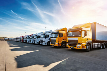 Fototapeta na wymiar Trucks parked lined, road freight industry logistics and transport
