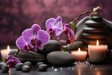 Fototapeta na wymiar Purple orchid on black rocks surrounded by candles, creating a zen and tranquil atmosphere.