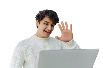Happy man waving during video call on laptop with transparent background