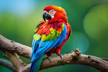 blue and yellow macaw, A vibrant parrot perched on the branch of a lush green tree, its colorful feathers standing out against the backdrop of the deep blue sky