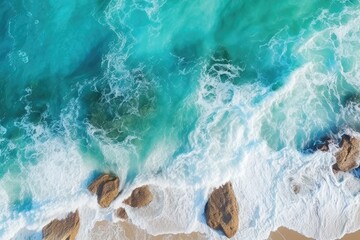 Aerial view of waves crashing against a sandy beach on a sunny day.