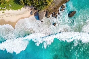 Aerial view of waves crashing against a sandy beach on a sunny day.