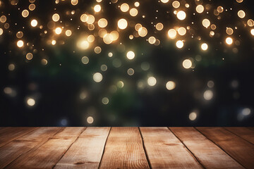 empty brown wooden floor or wood board table with blurred abstract night light bokeh background, copy space for display of product or object presentation, Generative AI