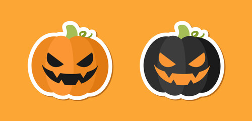 Scary spooky evil pumpkin jack o lantern sticker design set. Traditional decoration symbol of halloween trick or treat holiday celebration. Vector illustration.