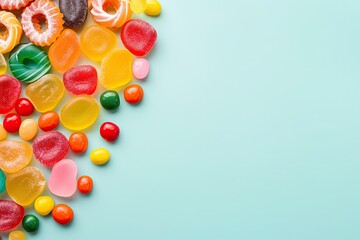 Obraz premium Bright multi-colored jelly candies on a blue background with blank place for product placement or advertising text.
