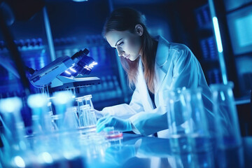 Generative AI. female scientist doctor working on production line at pharmaceutical factory, health care, vaccine laboratory lab test, glass bottles production line, medical technology concept