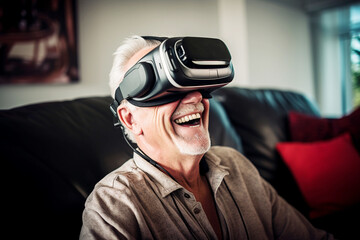 Caucasian elderly man is sitting on the sofa in the living room, wearing virtual reality glasses and smiling