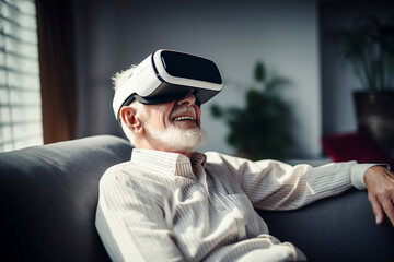 Caucasian elderly man is sitting on the sofa in the living room, wearing virtual reality glasses and smiling - Powered by Adobe