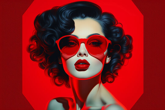 Woman in glasses with bright red lips on a red background, pin-up, pop art style retro illustration.