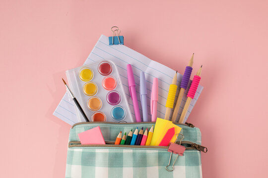 School supplies, stationery on pink background. Pens pencils notepad. Flat  lay 13226754 Stock Photo at Vecteezy