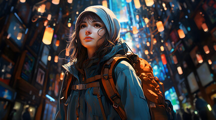 Fototapeta premium A pretty Anime girl, standing in the middle of a bustling city street, surrounded by skyscrapers, manga anime style illustration. Generative Ai