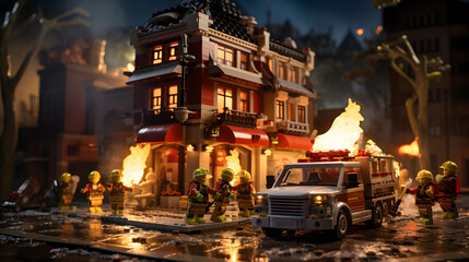 Obraz premium Firefighter toy in full gear in the smoke-and fire filled building. Generative AI