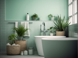 Inviting light green bathroom with natural accents. AI Generate. 