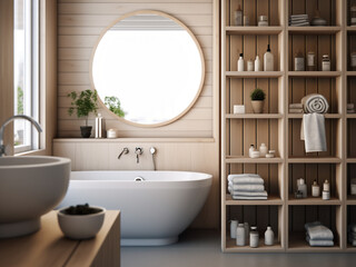 Fototapeta na wymiar Light wood bathroom featuring natural elements. AI Generate. 