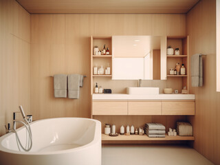 Fototapeta na wymiar Chic light wood bathroom with sleek fixtures. AI Generate. 