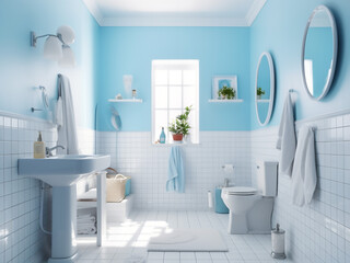 Serene light blue bathroom with modern design. AI Generate. 