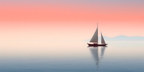 Naklejka premium Sailboat on the sea at sunset with reflection in water. Minimalist sailing background. Generative AI.
