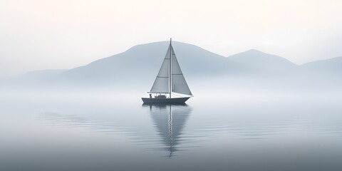 Minimalist sailing background of a sailboat reflecting on the still water. A lonely sailing boat floating in the ocean. Generative AI.